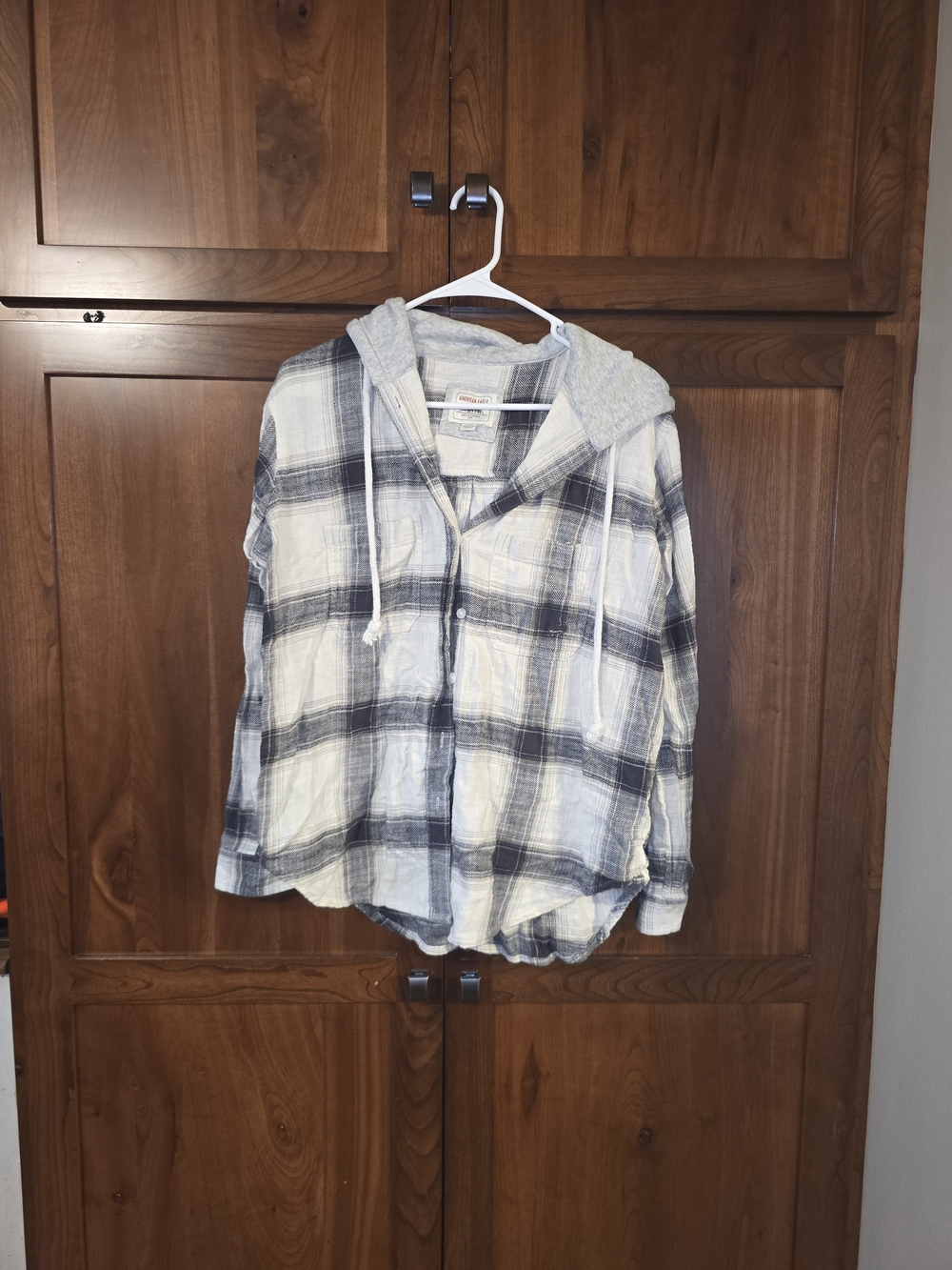 American Eagle Outfitters Gray & White Plaid Hooded Button-Down Shirt